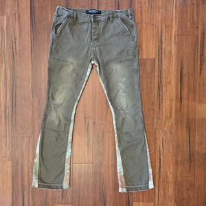 Valabasas Alpha Denim Olive Jacquard Men's Jean Size 38 Stacked Flare Distressed